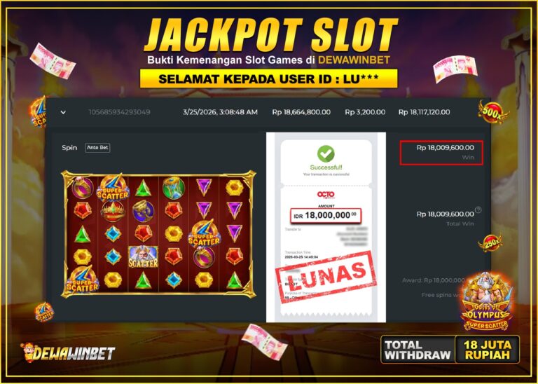 DEWAWINBET – JACKPOT SLOT GATES OF OLYMPUS SUPER SCATTER Rp 18.000.000,- LUNAS