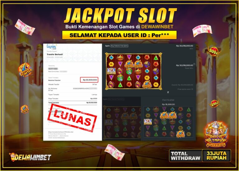 DEWAWINBET – JACKPOT SLOT GATES OF OLYMPUS SUPER SCATTER Rp 33.000.000 ,-LUNAS