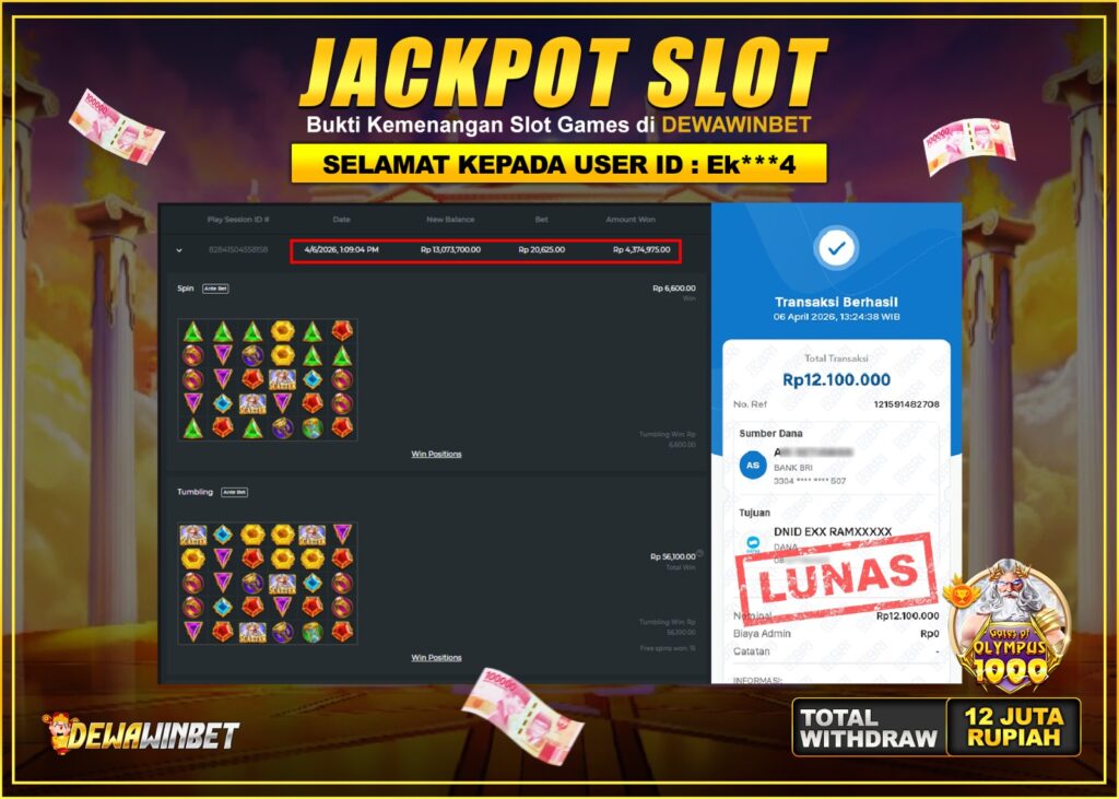 DEWAWINBET – JACKPOT SLOT GATES OF OLYMPUS 1000 Rp 12.10.000,- LUNAS