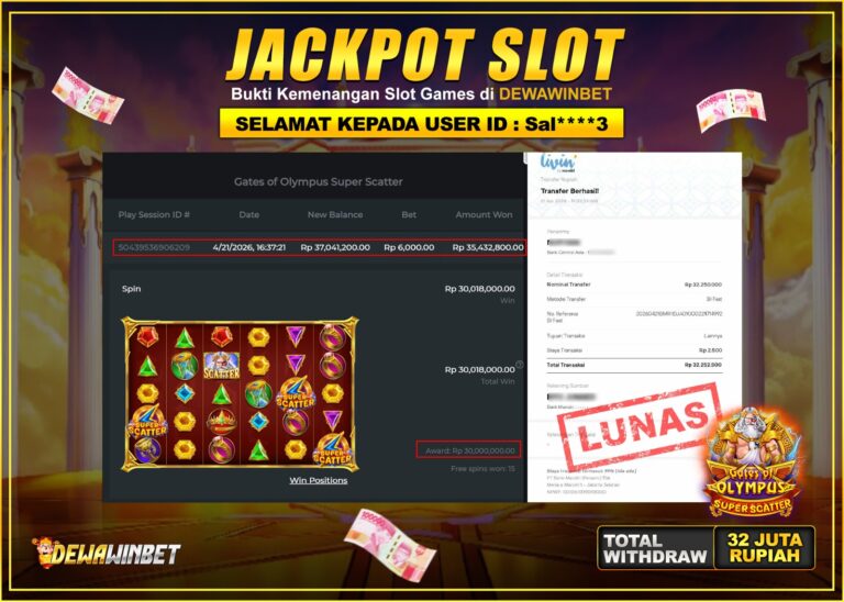 DEWAWINBET – JACKPOT SLOT GATES OF OLYMPUS SUPER SCATTER Rp 32.500.000,- LUNAS