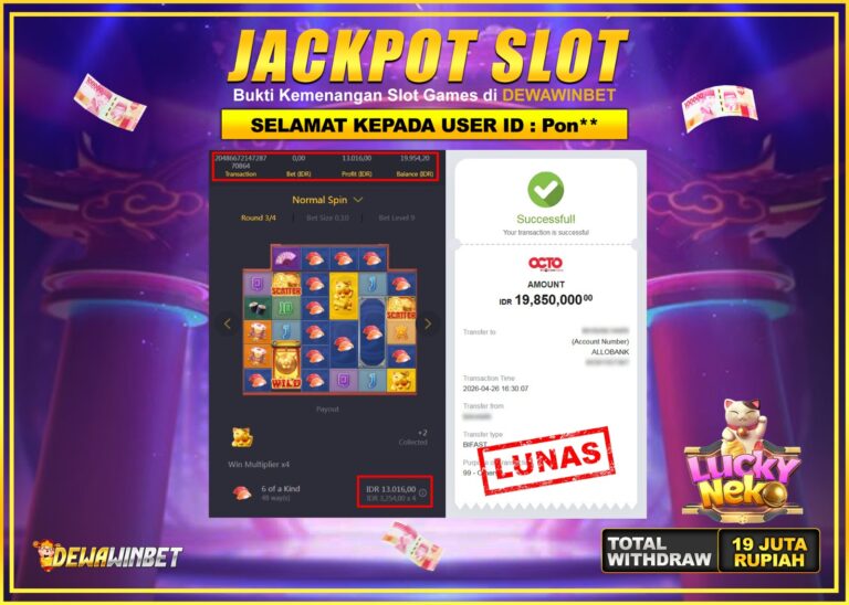 DEWAWINBET – JACKPOT SLOT LUCKY NEKO Rp 19.850.000,- LUNAS