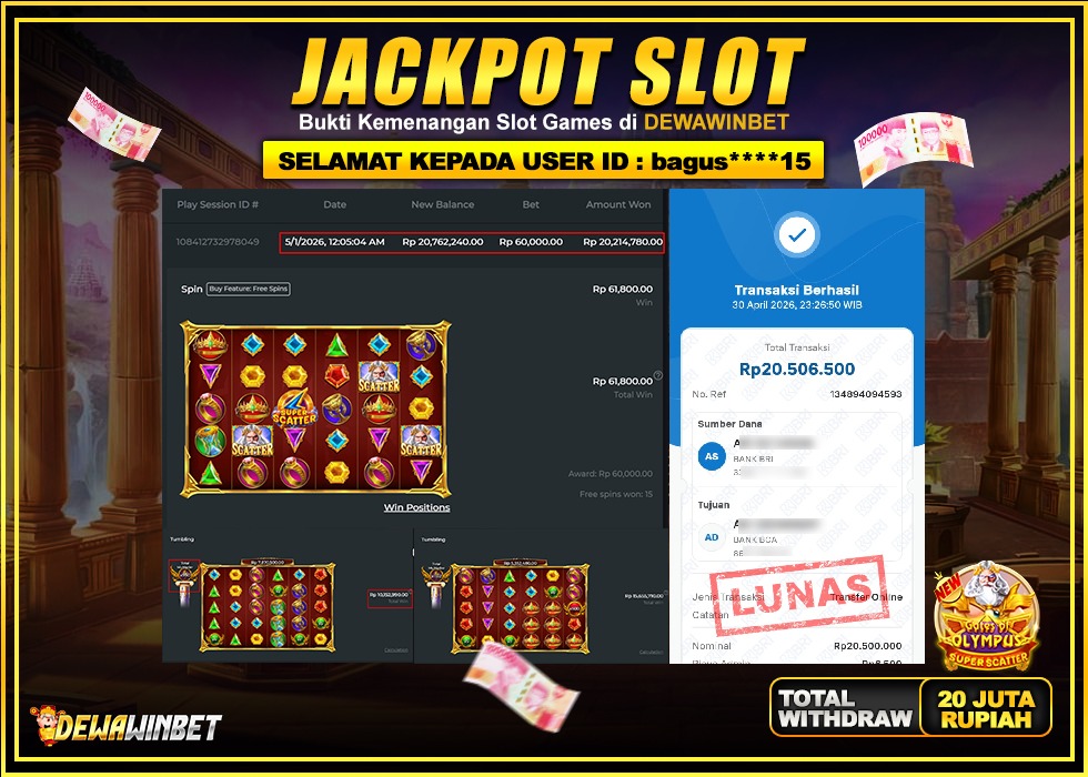 DEWAWINBET – JACKPOT SLOT GATES OF OLYMPUS SUPER SCATTER Rp 20.500.000,- LUNAS