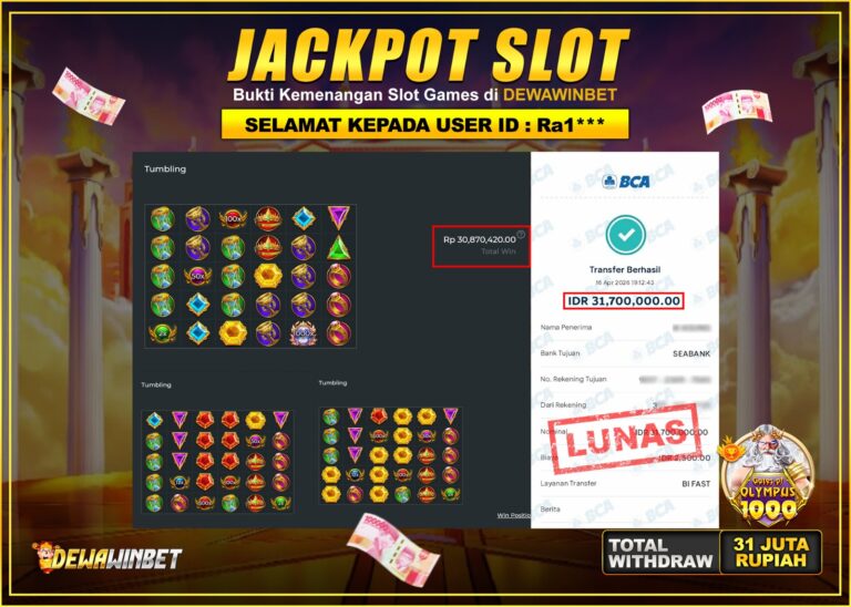 DEWAWINBET – JACKPOT SLOT GATES OF OLYMPUS X1000 Rp 31.700.000,- LUNAS