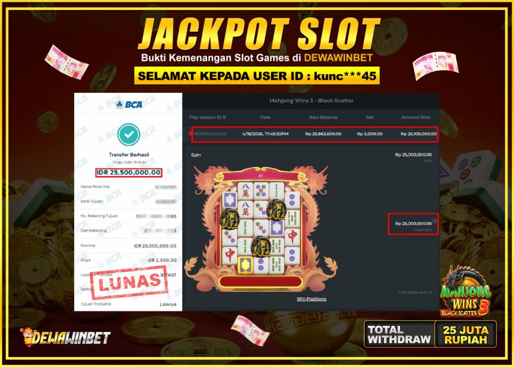 DEWAWINBET – JACKPOT SLOT MAHJONG WINS 3 Rp 25.500.000,- LUNAS