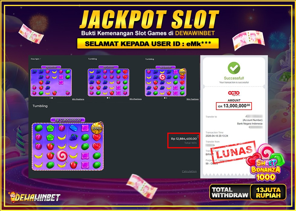 DEWAWINBET – JACKPOT SLOT SWEET BONANZA X1000 Rp 13.000.000,- LUNAS