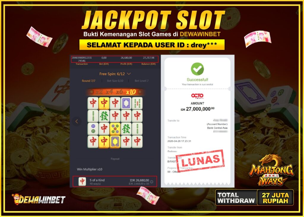 DEWAWINBET – JACKPOT SLOT MAHJONG WAYS Rp 27.000.000,- LUNAS