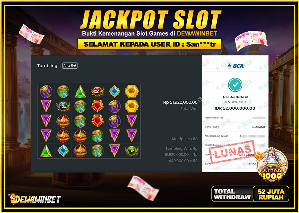 DEWAWINBET – JACKPOT SLOT GATES OF OLYMPUS x1000 Rp 52.000.000,- LUNAS