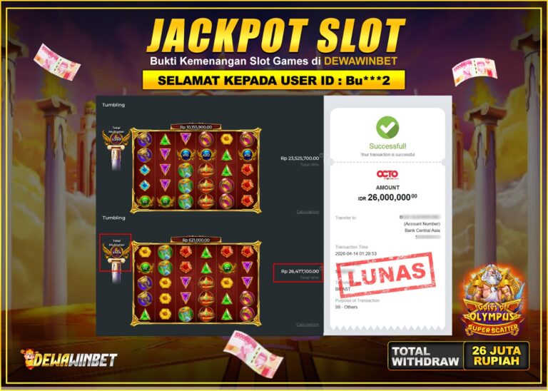 DEWAWINBET – JACKPOT SLOT GATES OF OLYMPUS SUPER SCATTER Rp 26.000.000,- LUNAS