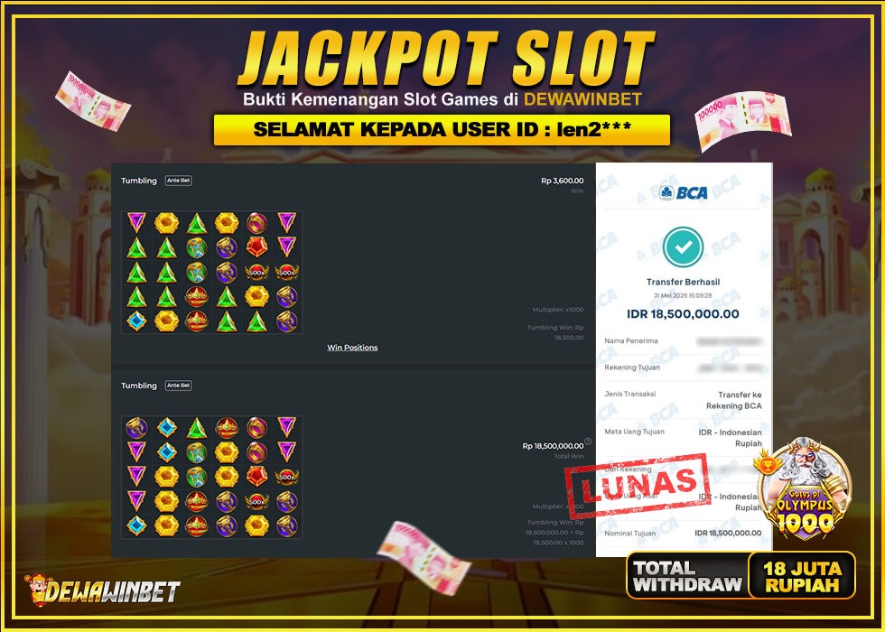DEWAWINBET – JACKPOT SLOT GATES OF OLYMPUS 1000 Rp 18.500.000,- LUNAS