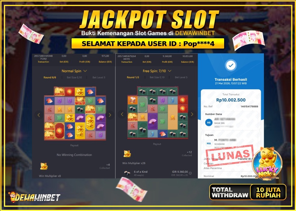 DEWAWINBET – JACKPOT SLOT LUCKY NEKO Rp 10.000.000,- LUNAS
