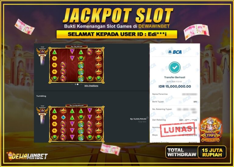 DEWAWINBET – JACKPOT SLOT GATES OF OLYMPUS SUPER SCATTER Rp 15.000.000,- LUNAS