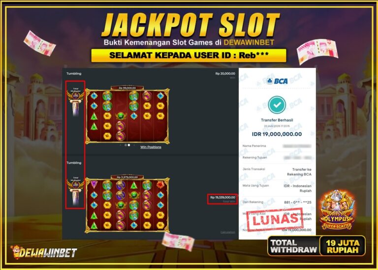 DEWAWINBET – JACKPOT SLOT GATES OF OLYMPUS SUPER SCATTER Rp 19.000.000,- LUNAS