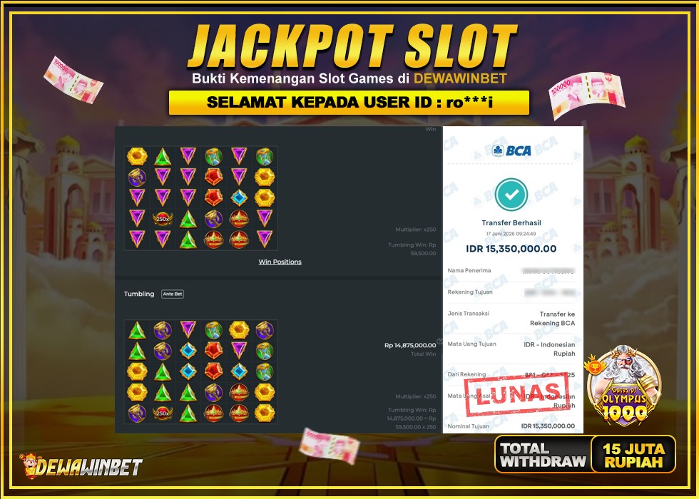 DEWAWINBET – JACKPOT SLOT GATES OF OLYMPUS 1000 Rp 15.000.000,- LUNAS