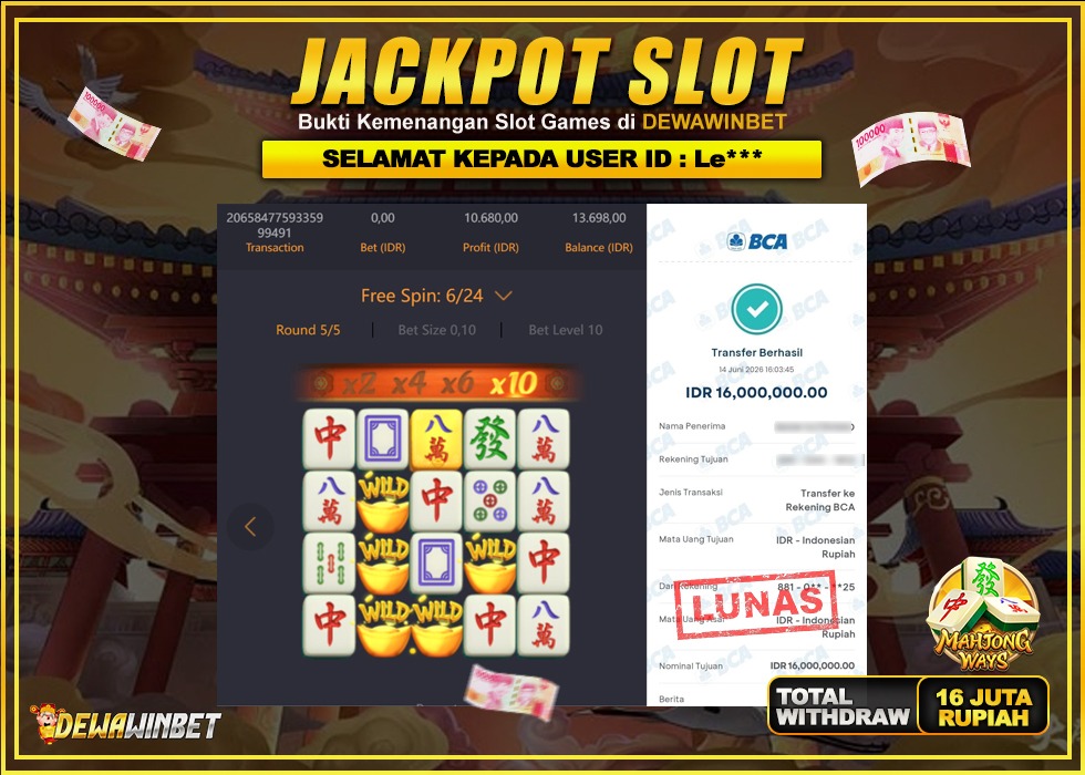 DEWAWINBET – JACKPOT SLOT MAHJONG WAYS Rp 16.000.000,- LUNAS