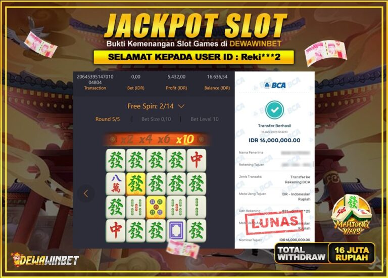 DEWAWINBET – JACKPOT SLOT MAHJONG WAYS Rp 16.000.000,- LUNAS