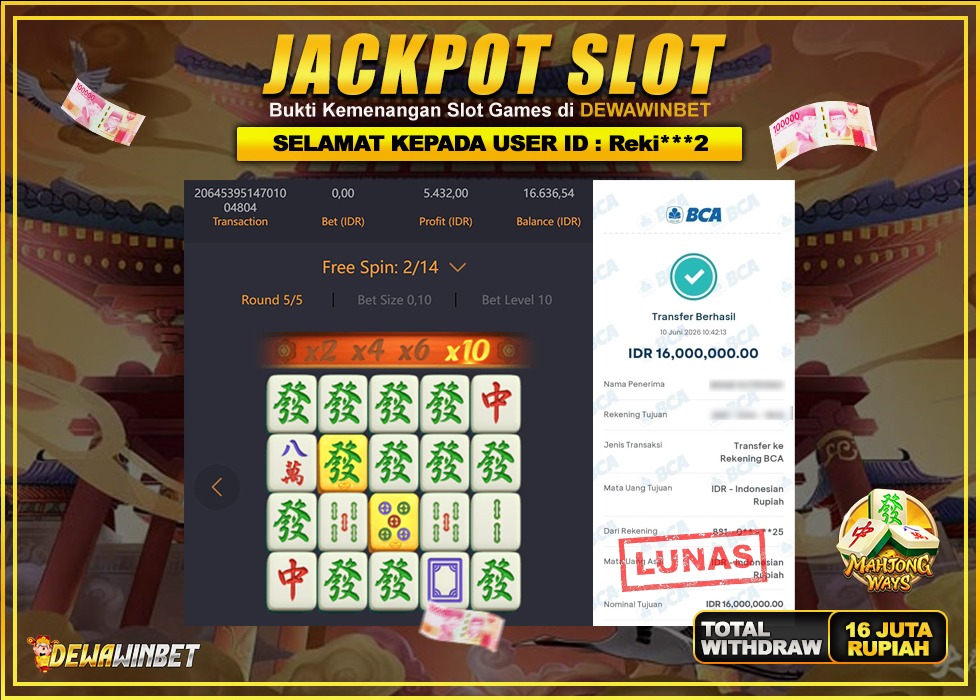 DEWAWINBET – JACKPOT SLOT MAHJONG WAYS Rp 16.000.000,- LUNAS