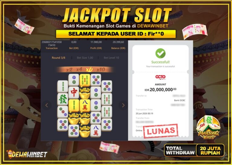 DEWAWINBET – JACKPOT SLOT MAHJONG WAYS Rp 20.000.000,- LUNAS