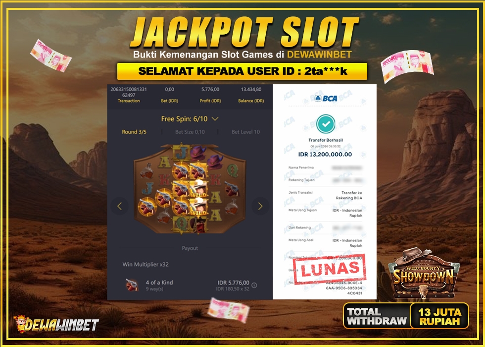 DEWAWINBET – JACKPOT SLOT WILD BOUNTY SHOW DOWN Rp 13.200.000,- LUNAS