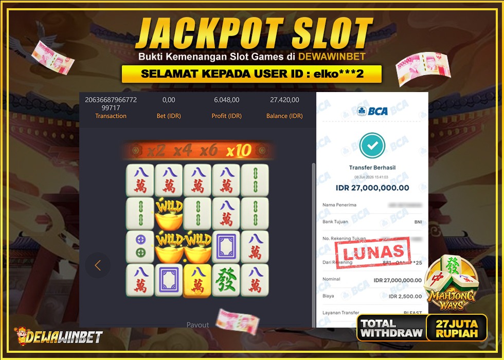 DEWAWINBET – JACKPOT SLOT MAHJONG WAYS Rp 27.000.000,- LUNAS