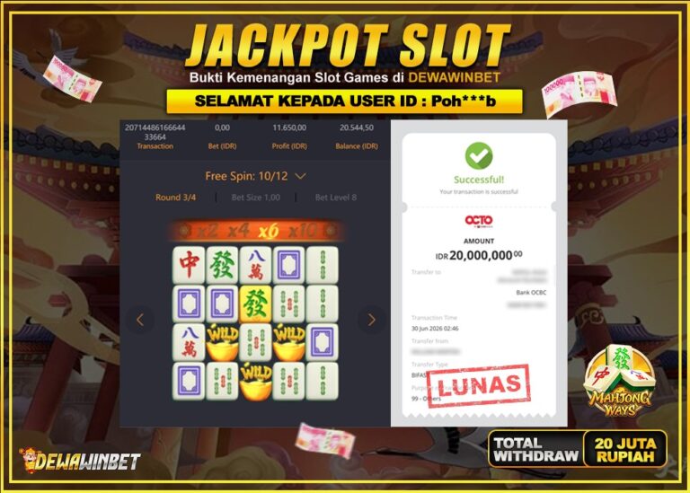 DEWAWINBET – JACKPOT SLOT MAHJONG WAYS Rp 20.000.000,- LUNAS