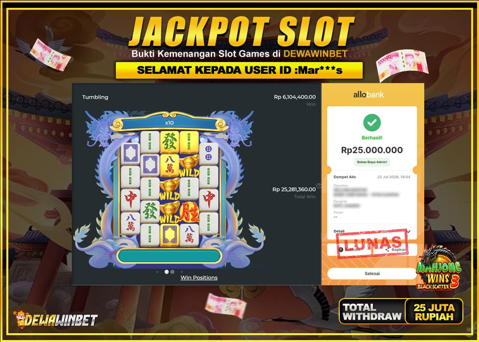 DEWAWINBET – JACKPOT SLOT WILD MAHJONG WINS 3 Rp 25.000.000,- LUNAS