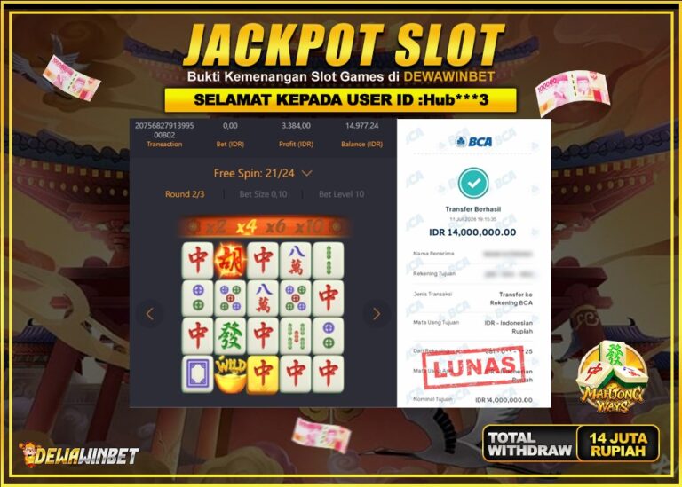 DEWAWINBET – JACKPOT SLOT MAHJONG WAYS Rp 14.000.000,- LUNAS