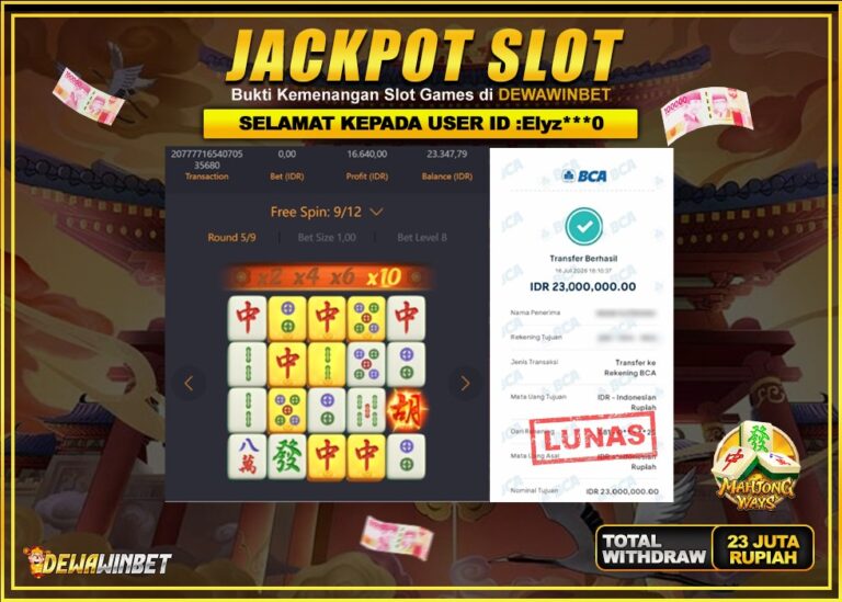 DEWAWINBET – JACKPOT SLOT MAHJONG WAYS Rp 23.000.000,- LUNAS