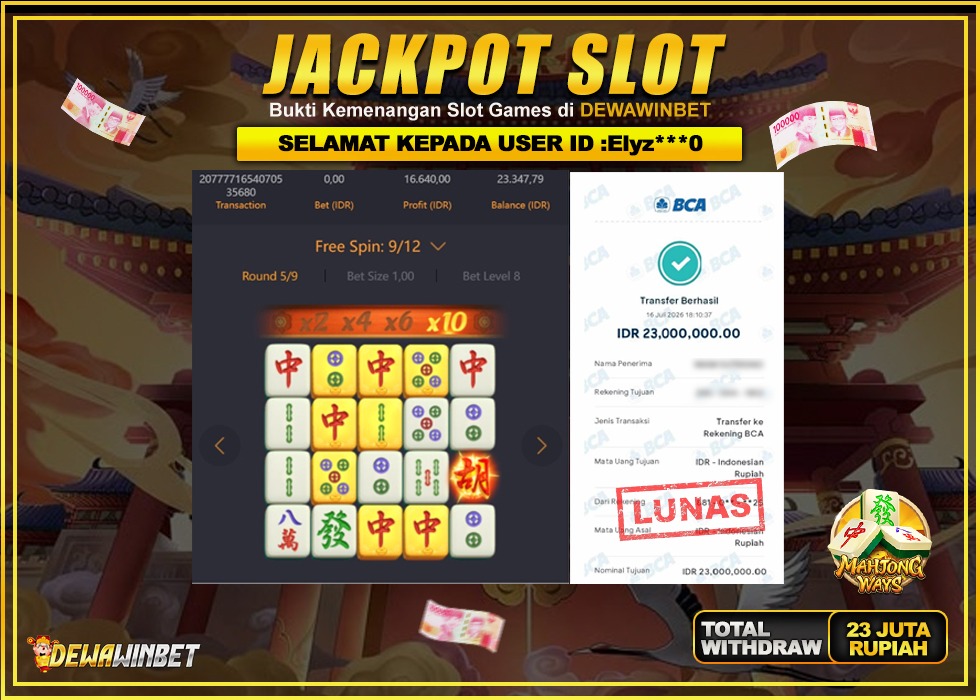 DEWAWINBET – JACKPOT SLOT MAHJONG WAYS Rp 23.000.000,- LUNAS