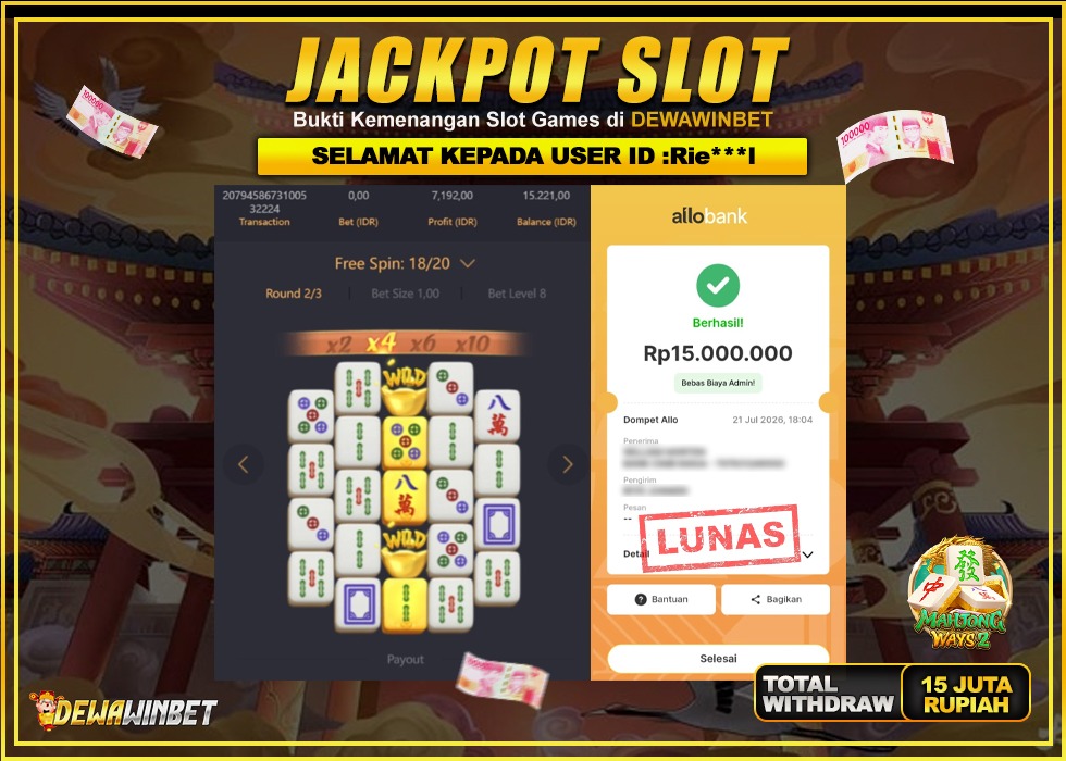 DEWAWINBET – JACKPOT SLOT WILD MAHJONG WAYS 2 Rp 15.000.000,- LUNAS