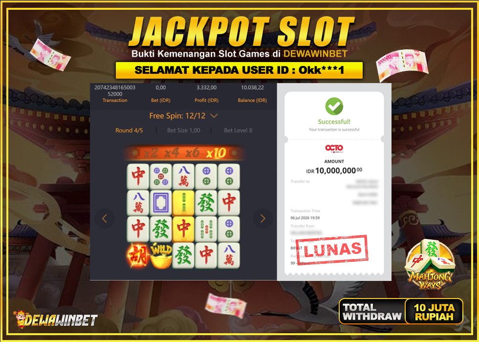 DEWAWINBET – JACKPOT SLOT MAHJONG WAYS Rp 10.000.000,- LUNAS