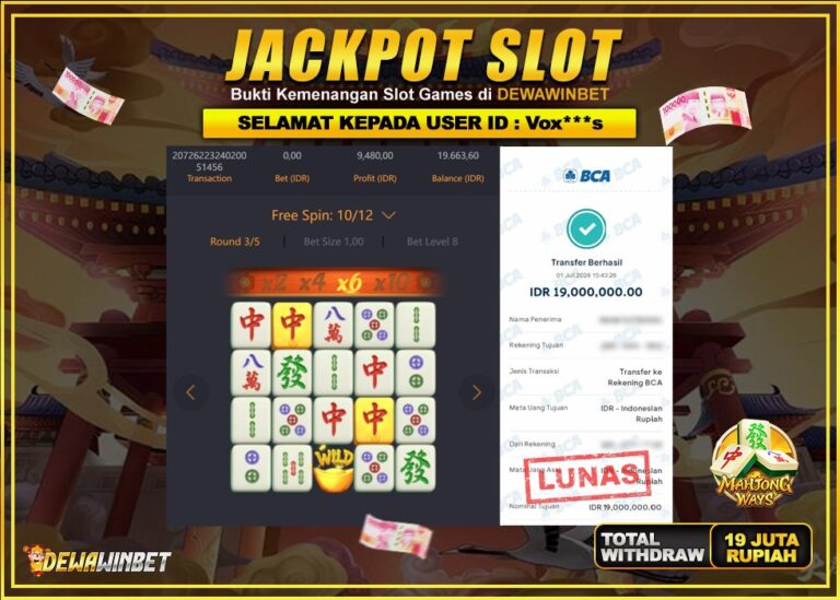 DEWAWINBET – JACKPOT SLOT MAHJONG WAYS Rp 19.000.000,- LUNAS