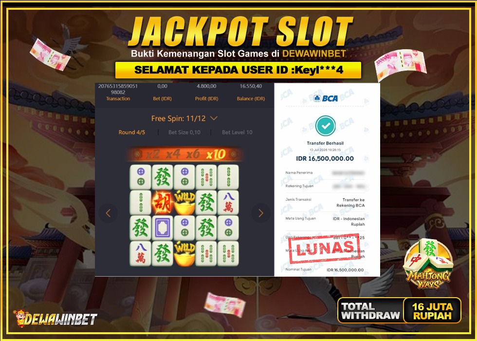 DEWAWINBET – JACKPOT SLOT MAHJONG WAYS Rp 16.500.000,- LUNAS