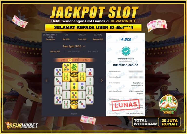 DEWAWINBET – JACKPOT SLOT MAHJONG WAYS 2 Rp 20.000.000,- LUNAS