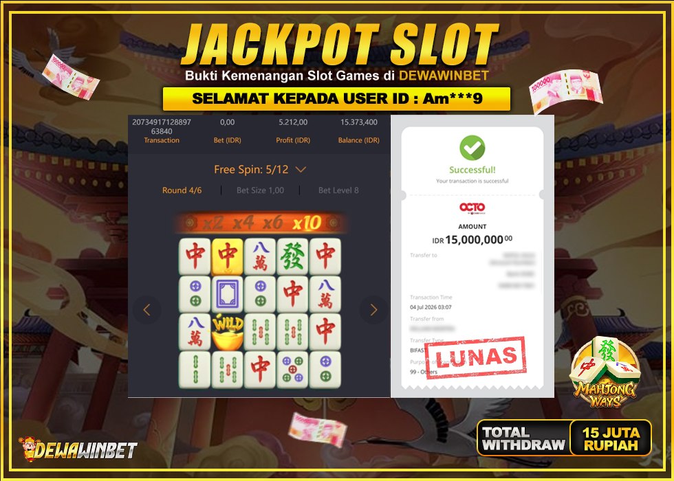 DEWAWINBET – JACKPOT SLOT MAHJONG WAYS Rp 15.000.000,- LUNAS