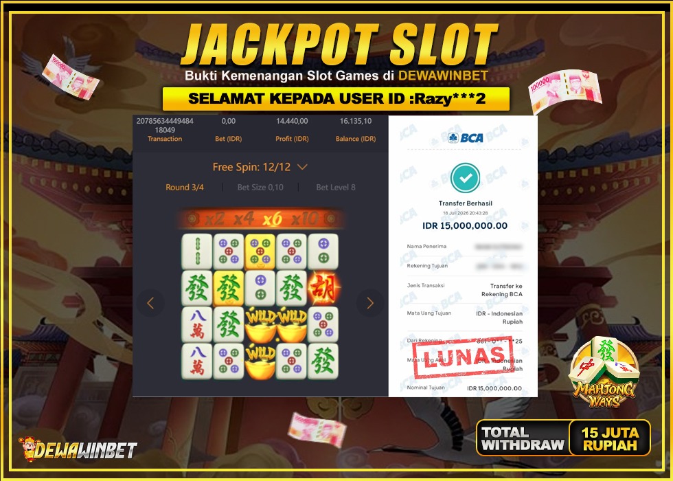 DEWAWINBET – JACKPOT SLOT MAHJONG WAYS Rp 15.000.000,- LUNAS