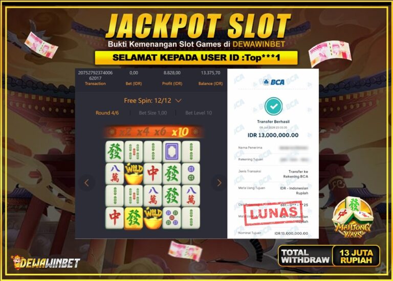 DEWAWINBET – JACKPOT SLOT MAHJONG WAYS Rp 13.000.000,- LUNAS