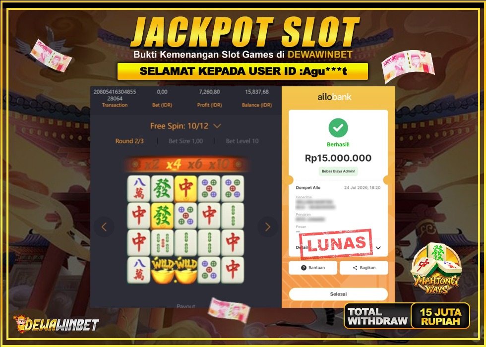 DEWAWINBET – JACKPOT SLOT WILD MAHJONG WAYS Rp 15.000.000,- LUNAS