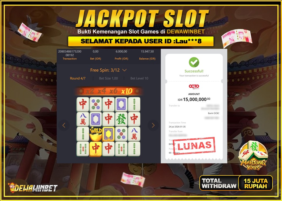 DEWAWINBET – JACKPOT SLOT WILD MAHJONG WAYS Rp 15.000.000,- LUNAS