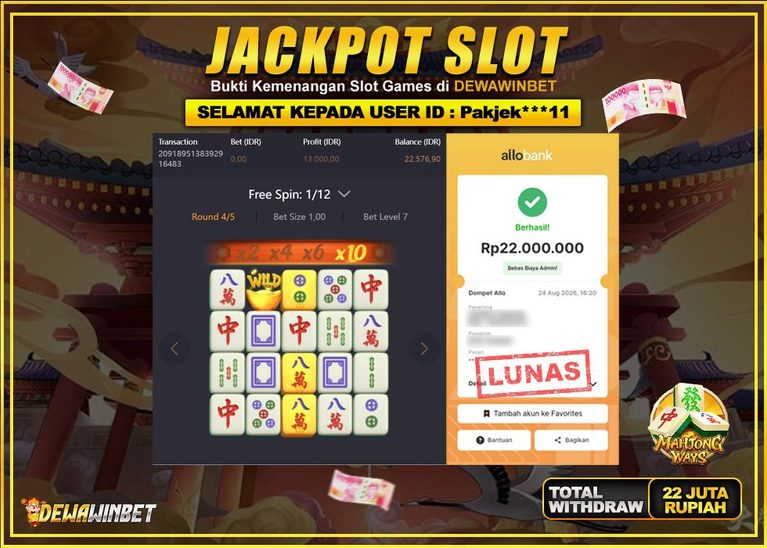 DEWAWINBET – JACKPOT SLOT MAHJONG WAYS Rp 22.000.000,- LUNAS