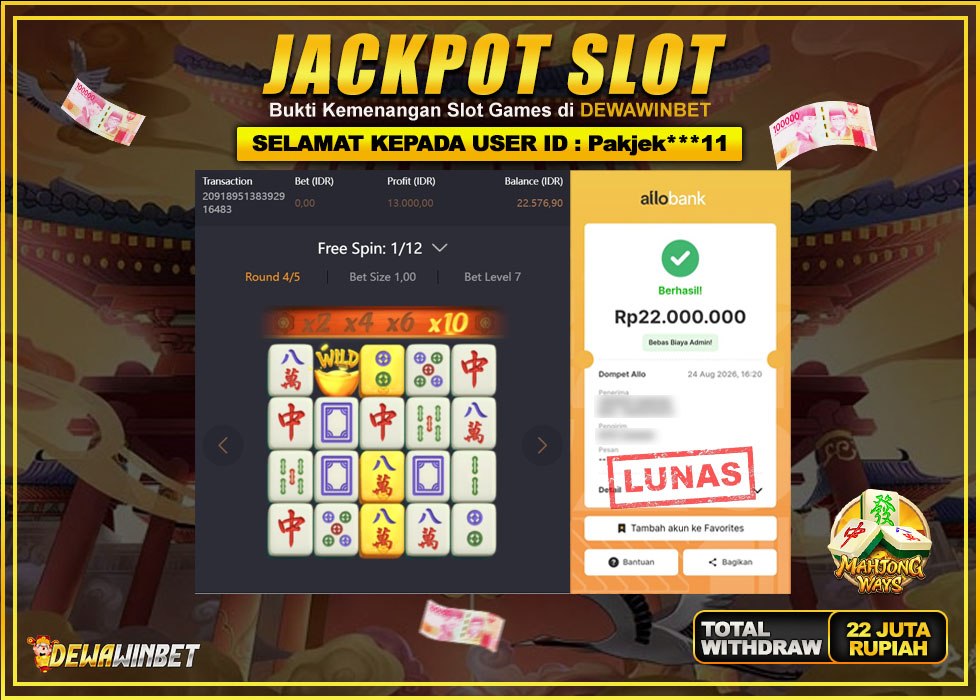 DEWAWINBET – JACKPOT SLOT MAHJONG WAYS Rp 22.000.000,- LUNAS