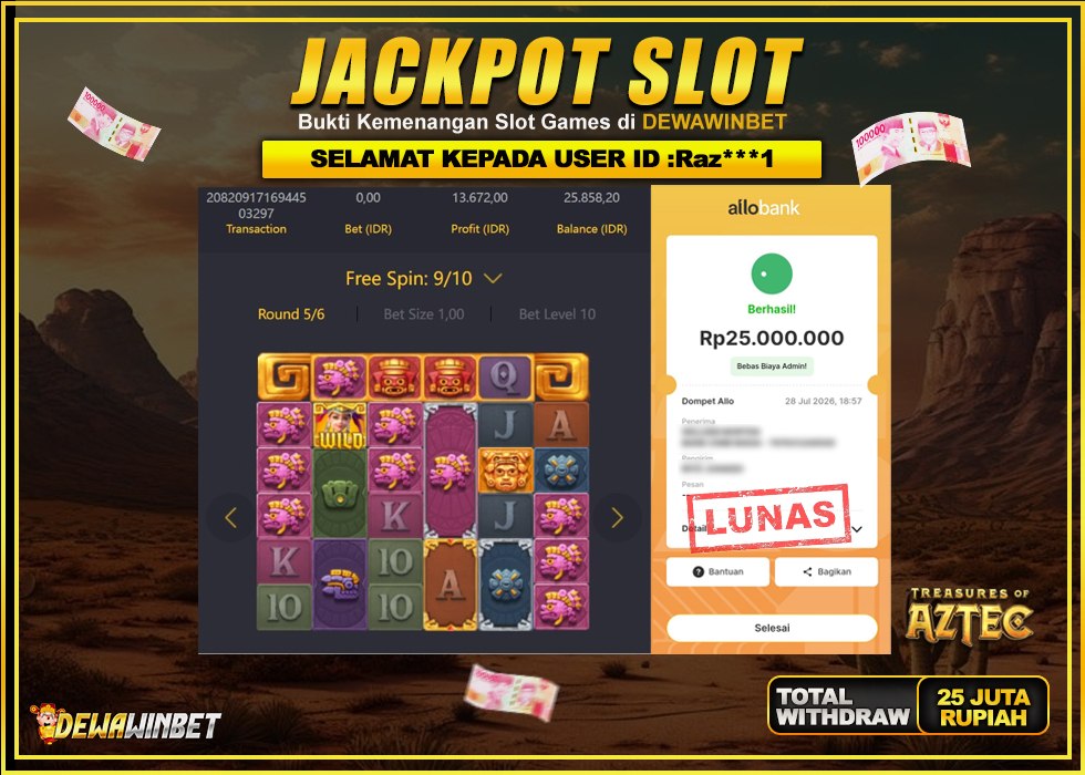 DEWAWINBET – JACKPOT SLOT TREASURES OF AZTEC Rp 25.000.000,- LUNAS