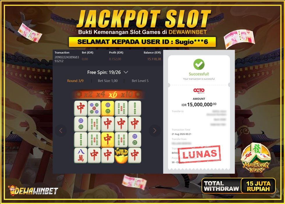 DEWAWINBET – JACKPOT SLOT MAHJONG WAYS Rp 15.000.000,- LUNAS