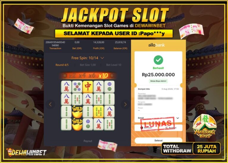 DEWAWINBET – JACKPOT SLOT MAHJONG WAYS Rp 25.000.000,- LUNAS