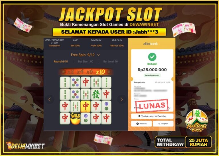 DEWAWINBET – JACKPOT SLOT WILD MAHJONG WAYS Rp 25.000.000,- LUNAS