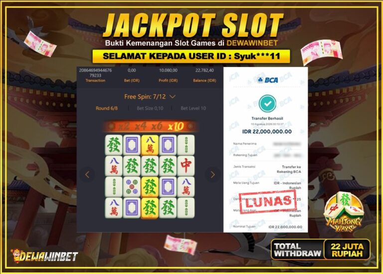 DEWAWINBET – JACKPOT SLOT MAHJONG WAYS Rp 22.000.000,- LUNAS