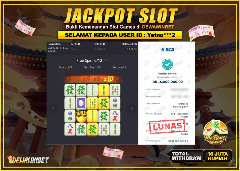 DEWAWINBET – JACKPOT SLOT MAHJONG WAYS Rp 16.000.000,- LUNAS