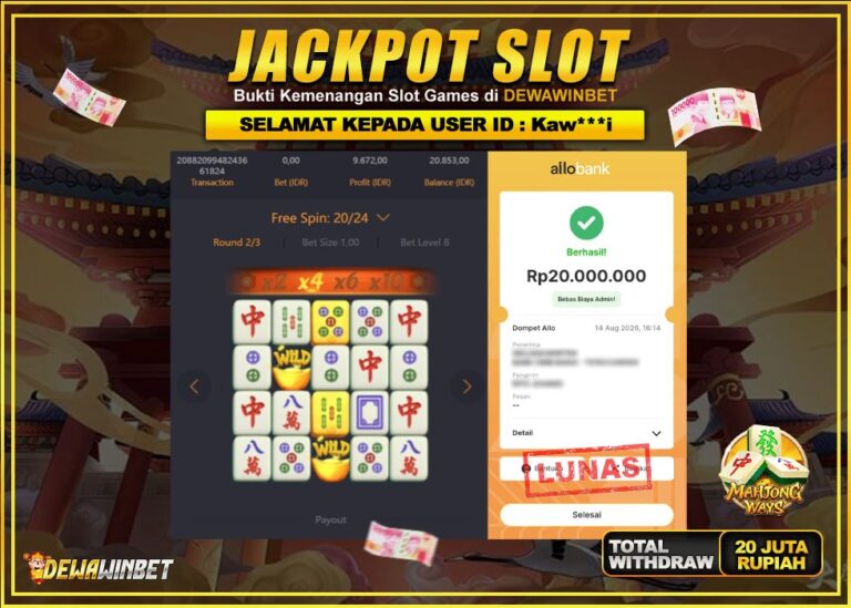 DEWAWINBET – JACKPOT SLOT MAHJONG WAYS Rp 20.000.000,- LUNAS
