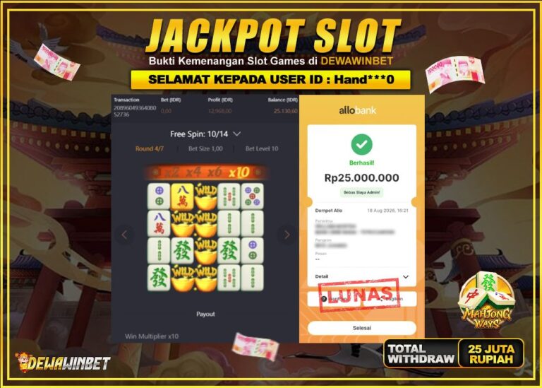 DEWAWINBET – JACKPOT SLOT MAHJONG WAYS Rp 25.000.000,- LUNAS