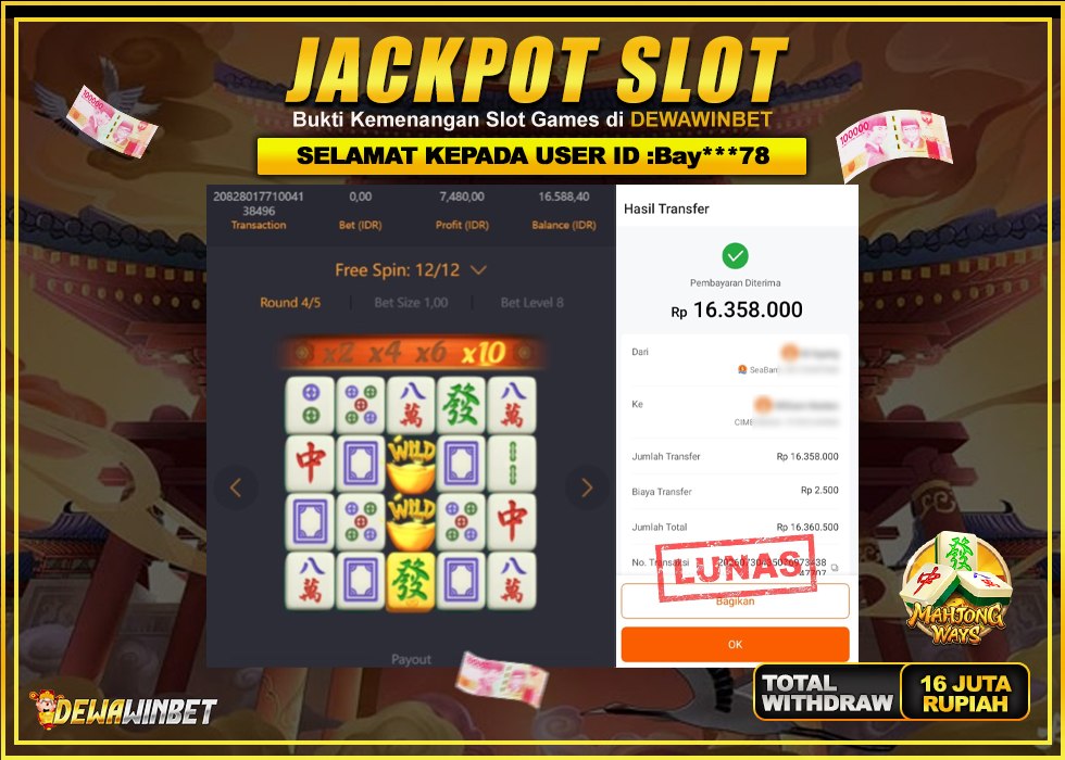DEWAWINBET – JACKPOT SLOT WILD MAHJONG WAYS Rp 16.358.000,- LUNAS