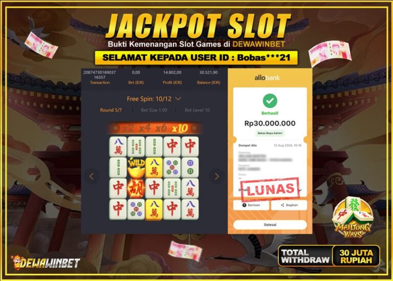 DEWAWINBET – JACKPOT SLOT MAHJONG WAYS Rp 30.000.000,- LUNAS
